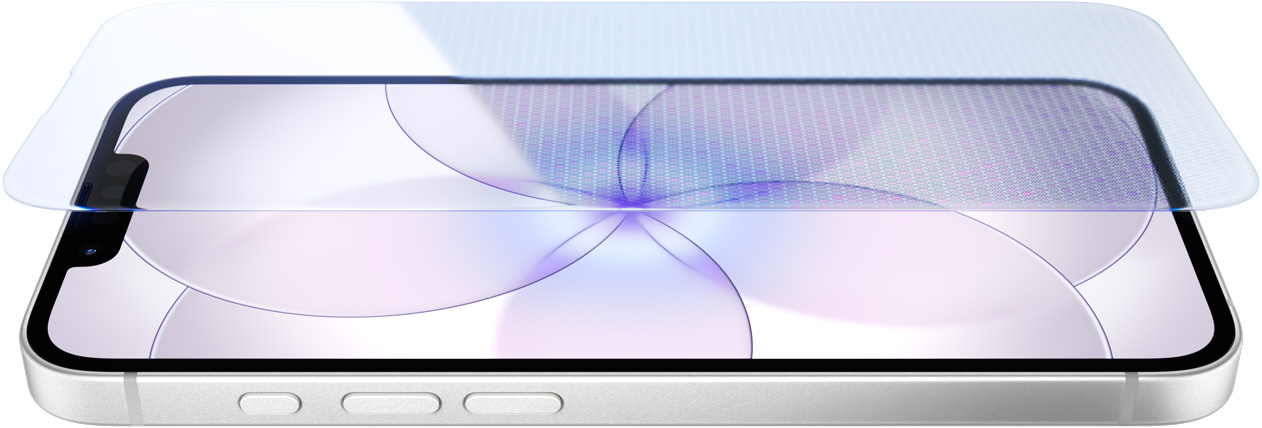 جهاز iPhone 17e، الجزء الخارجي الأمامي مع درع السيراميك، الجزء الجانبي الخارجي، لون أبيض، الأزرار: زر الإجراءات، وزرّا مستوى الصوت