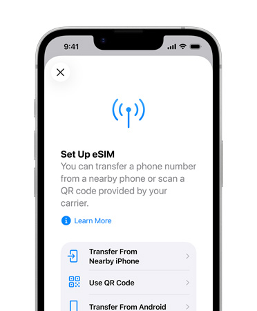 iPhone 17e, sedd framifrån, funktionen Ställ in eSIM används för överföring av ett telefonnummer från en telefon i närheten eller för att skanna en QR-kod