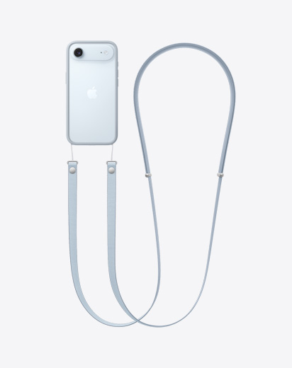 Açık Gri Bumper Kılıf ve Çapraz Askı takılı iPhone Air’in arkadan dış görünümü