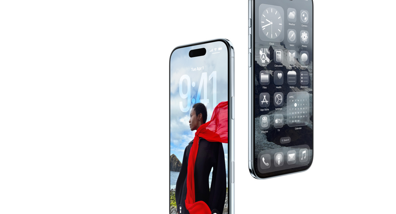 Twee iPhone Air-devices, voorkant, zijkant, dun profiel, dynamisch Toegangsscherm, Beginscherm met apps van Liquid Glass