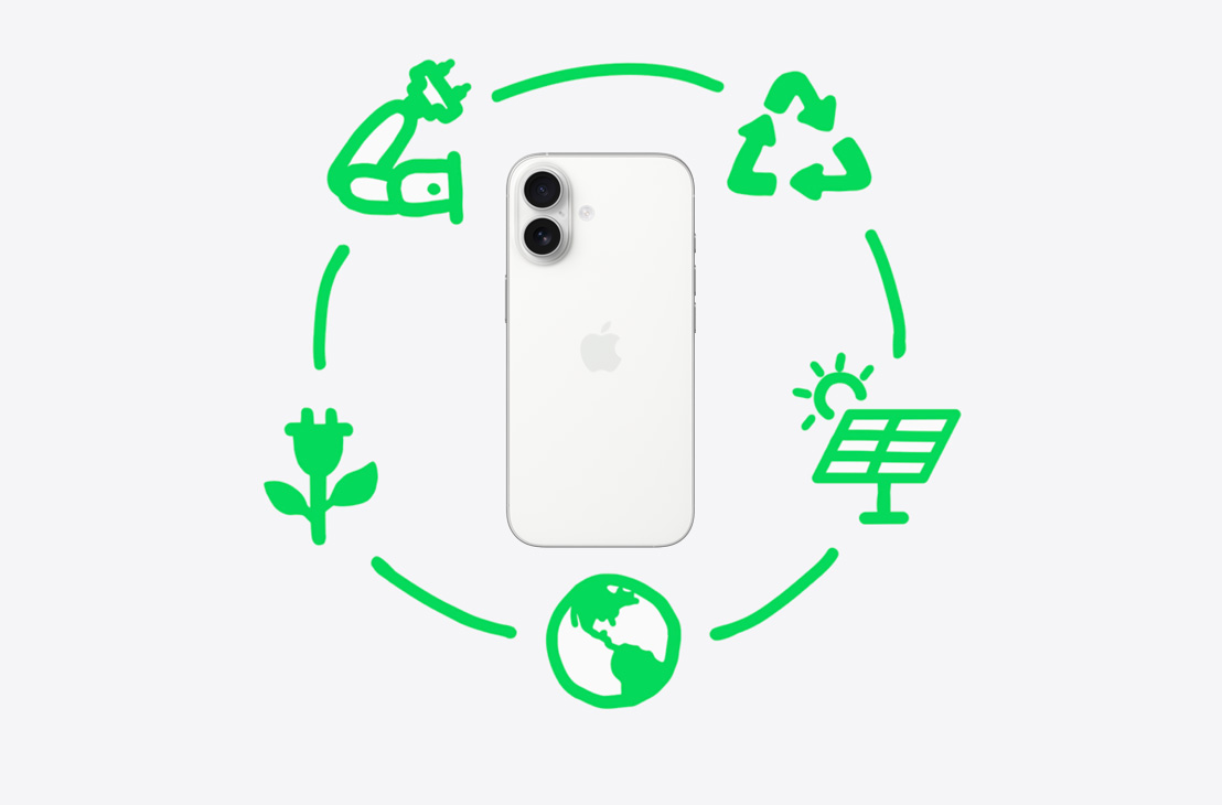 الجهة الخلفية لجهاز iPhone Air، أيقونة إعادة التدوير باللون الأخضر، أيقونة المواد الدائرية باللون الأخضر