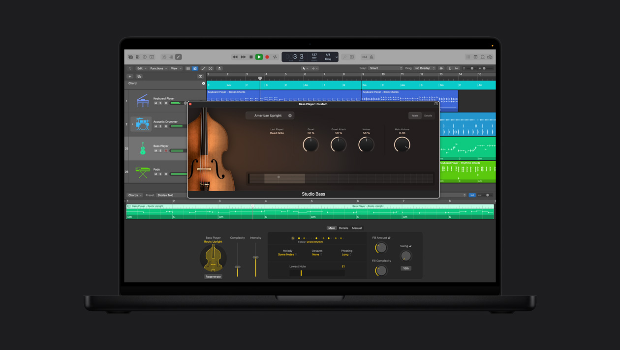 Écran d’un MacBook Pro 16 pouces montrant Upright Bass Player, fenêtre ouverte avec des commandes Basse de studio, à gauche se trouvent les rangées Keyboard Player, Drummer acoustique, Bass Player et Pads, en bas se trouvent les commandes Bass Player Roots vertical