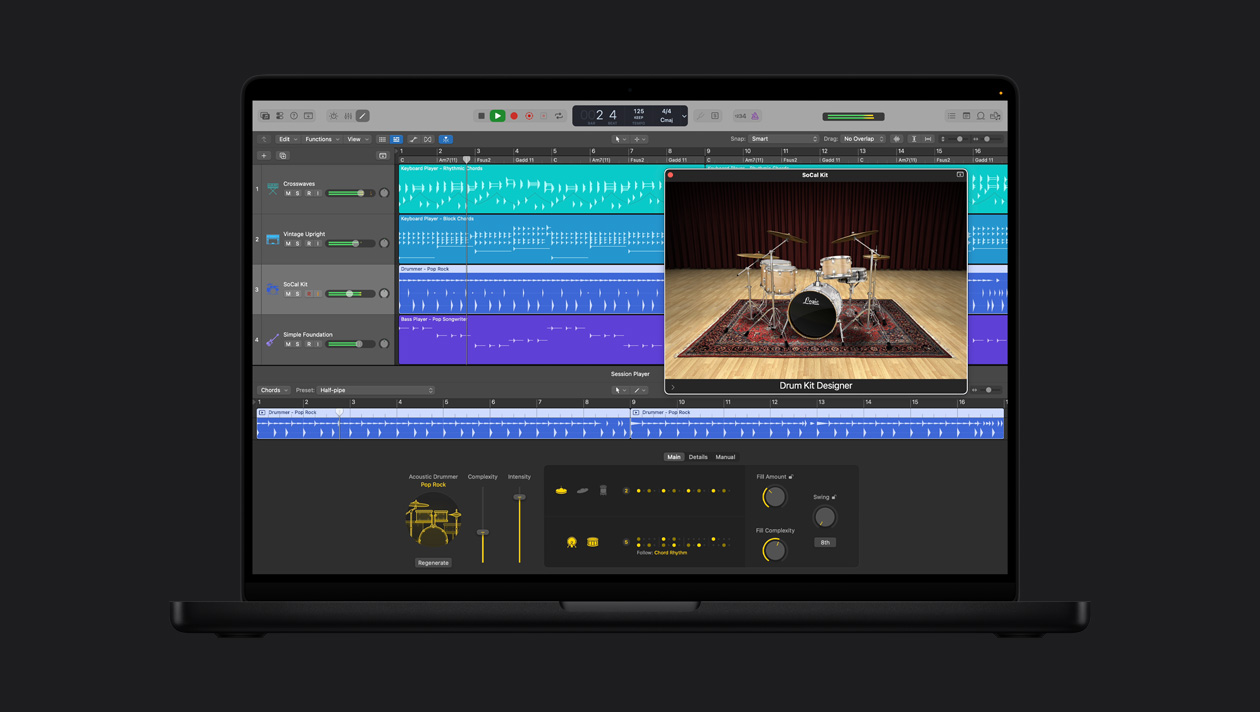 Écran d’un MacBook Pro 16 pouces montrant Drummer acoustique, fenêtre SoCal Kit ouverte avec Drum Kit Designer, à gauche se trouvent les rangées Crosswaves, Vintage Upright, SoCal Kit et Simple Foundation, en bas se trouvent les commandes Drummer acoustique Pop rock