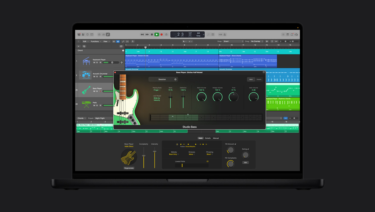 Écran d’un MacBook Pro 16 pouces, Session Player Basse de studio, fenêtre Bass Player: Sixties Half Muted et réglages