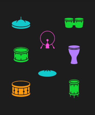 Symboles de batterie, divers instruments de différentes couleurs