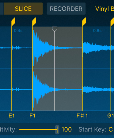 Quick Sampler, ondes sonores bleues, boutons de découpe et d’enregistrement