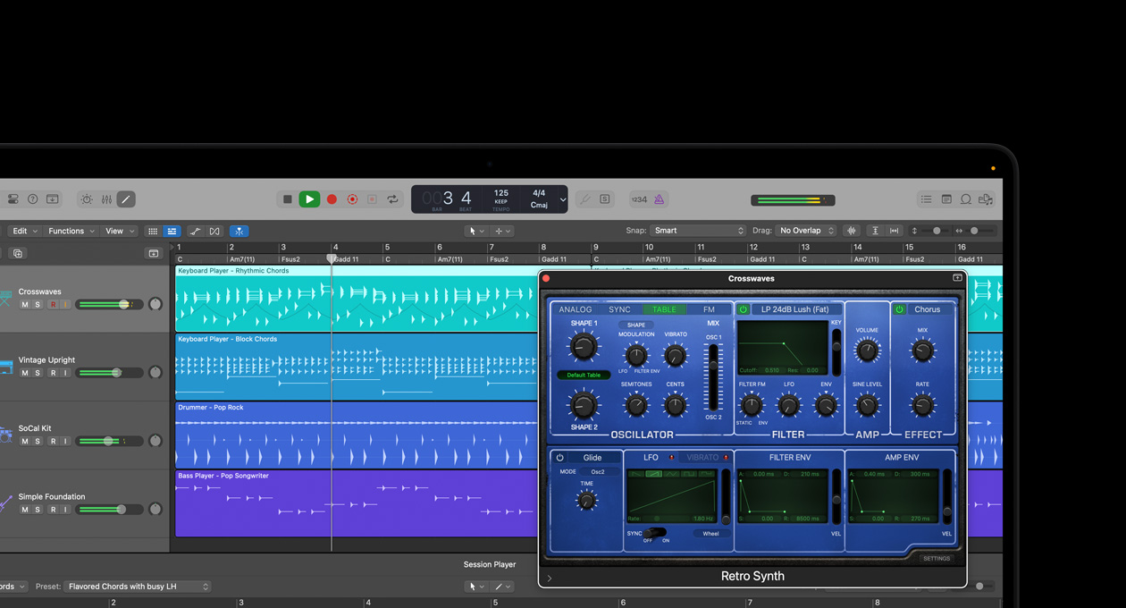 Écran d’un MacBook Pro 16 pouces affichant le module designer Synthé rétro avec des commandes pour les oscillateurs, filtres, amplis et effets