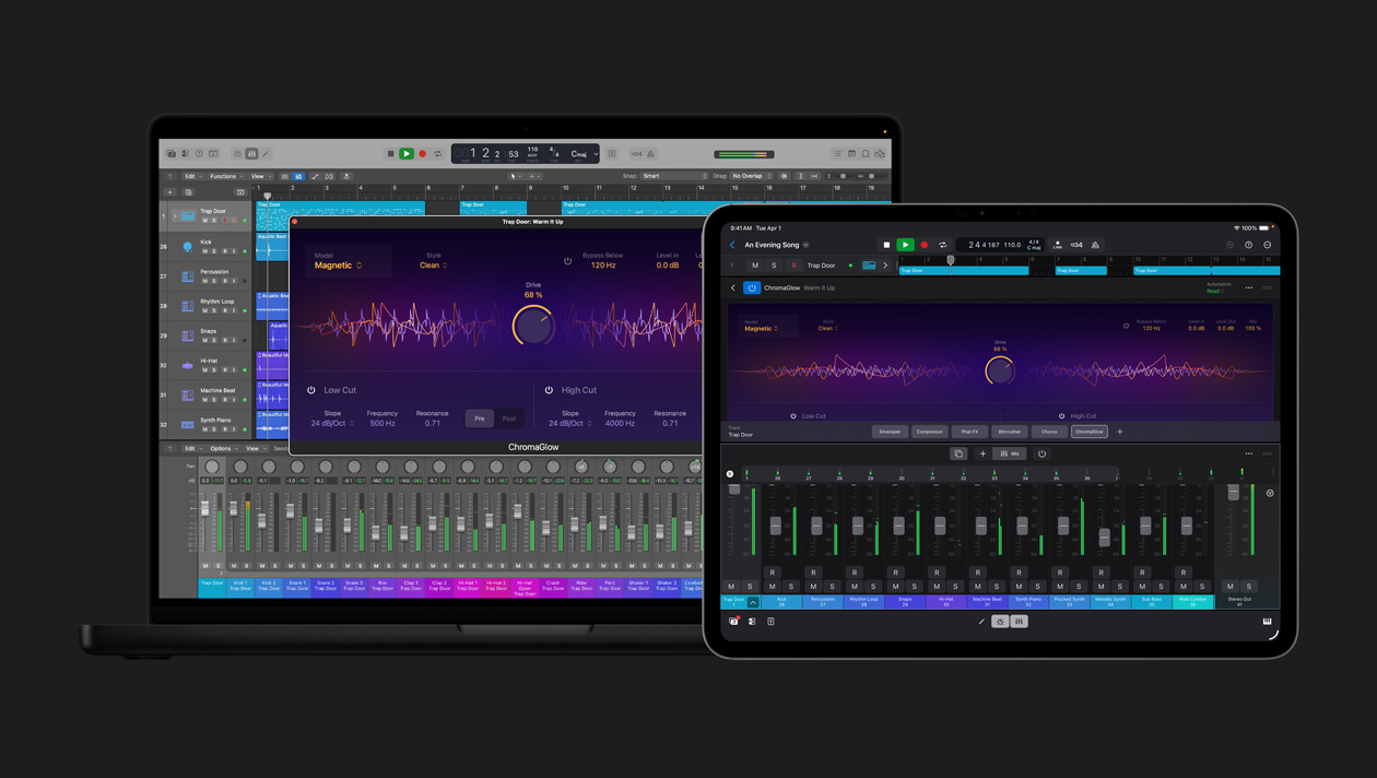 Espace de travail sur un iPad Pro 13 pouces montrant des ondes sonores en haut, un bouton de réglage au centre, des choix de pistes, des commandes d’instruments en bas, écran d’un MacBook Pro 16 pouces montrant l’espace de travail avec un panneau de boucles et d’instruments à gauche, fenêtre ChromaGlow ouverte, commandes audio en bas