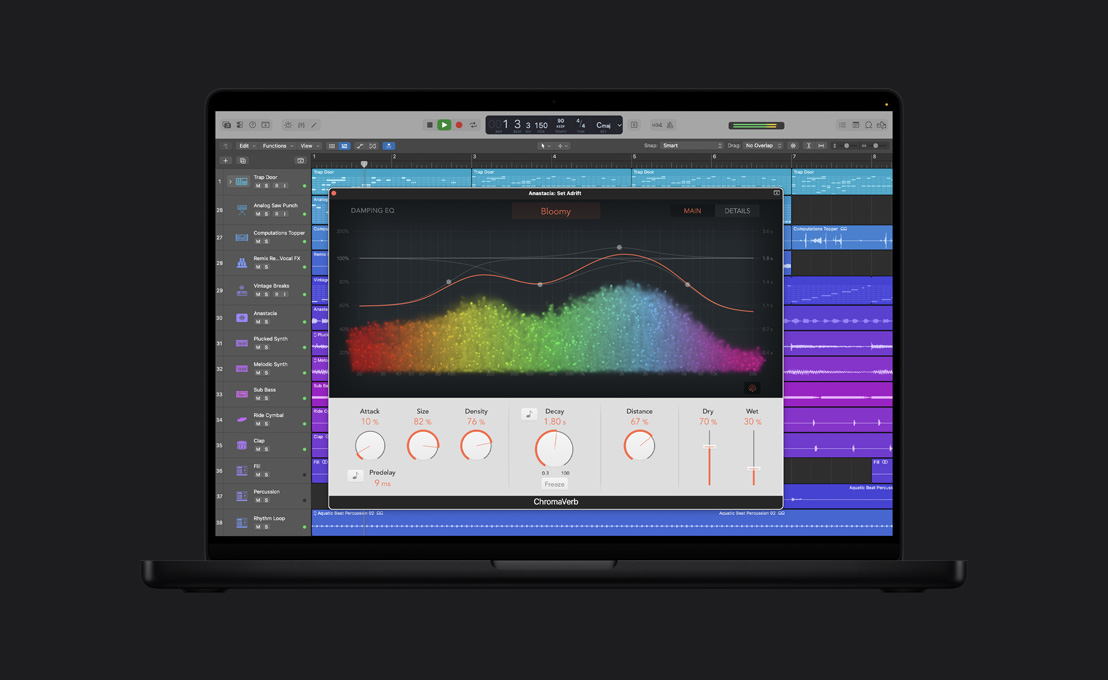 Écran MacBook Pro 16 pouces montrant ChromaVerb, fenêtre Anastasia: Set Adrift, des ondes sonores aux couleurs de l’arc-en-ciel, boutons de réglage en bas