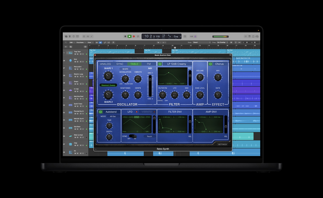 Écran d’un MacBook Pro 16 pouces montrant Synth rétro, fenêtre Boom: Quantum Bass, boutons et commandes