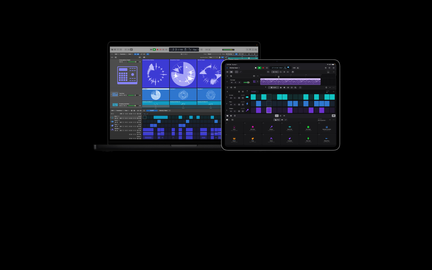 Écran d’un MacBook Pro 16 pouces montrant l’interface de Logic Pro, et les détails de différentes commandes pour la basse et la batterie, écran d’un iPad Pro 13 pouces affichant les commandes pour divers effets de percussion et de batterie