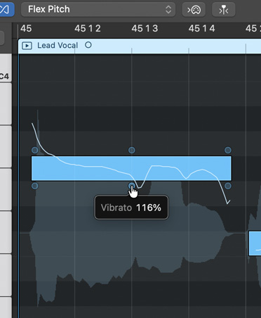Écran montrant Flex Pitch avec un pourcentage Vibrato, graphique pour la voix principale