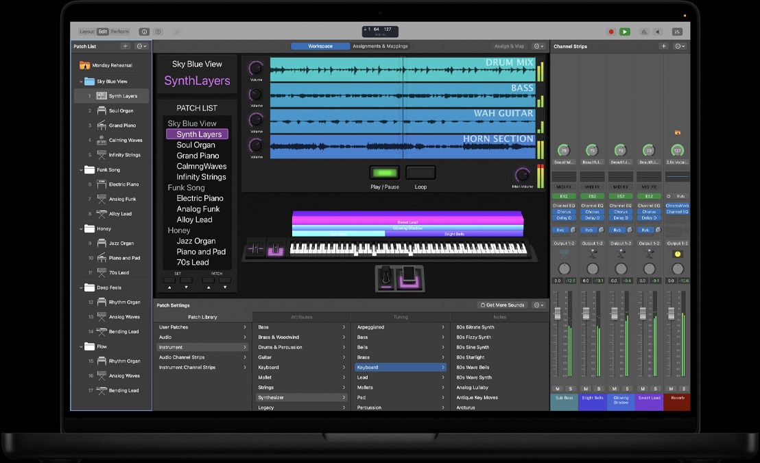 Écran d’un MacBook Pro 16 pouces montrant l’espace de travail MainStage, panneau gauche avec divers fichiers, fenêtre Réglages de patch avec bibliothèque de sons en bas, tranches de console et commandes à droite