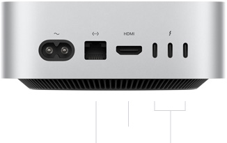 Mac mini with M5 Pro, back, power socket, Ethernet port, HDMI port, three Thunderbolt ports