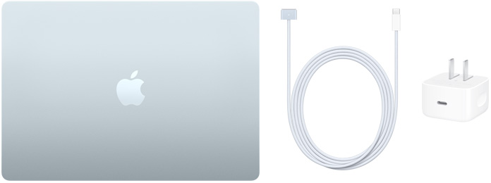 MacBook Air de 15 pulgadas, cable de USB-C a MagSafe 3 y adaptador de corriente compacto de 40 W con dos puertos USB-C