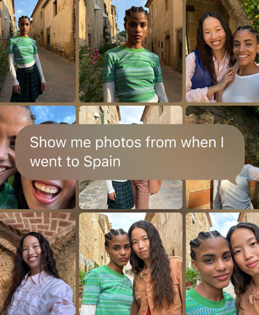 Query for Siri AI to retrieve recent vacation photos, text overlays photo grid