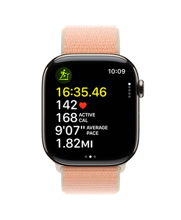 Apple Watch Series 11, Gold, with Workout app on screen showing running metrics, including time, heart rate, active calories, average pace and distance