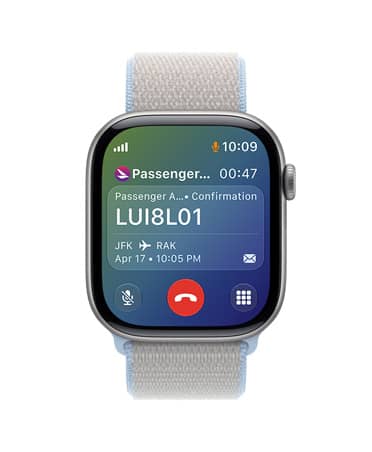 Apple Watch Series 11, Grey, bottom of screen shows a phone call with Delta Air Lines, top of screen shows Delta Air Lines flight information.