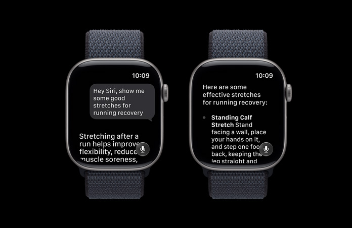 Apple Watch Series 11, Grey, showing a Siri AI conversation about training