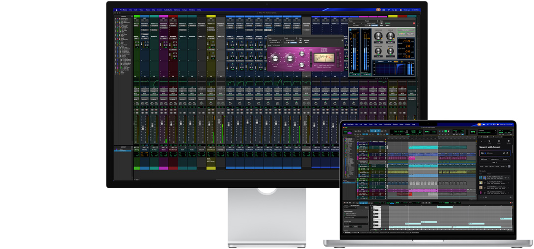 Un Studio Display et un portable Mac affichant une séance dans Pro Tools avec l’intégration de Splice, le verre nanotexturé réduit la réflectivité sur l’écran sombre du logiciel